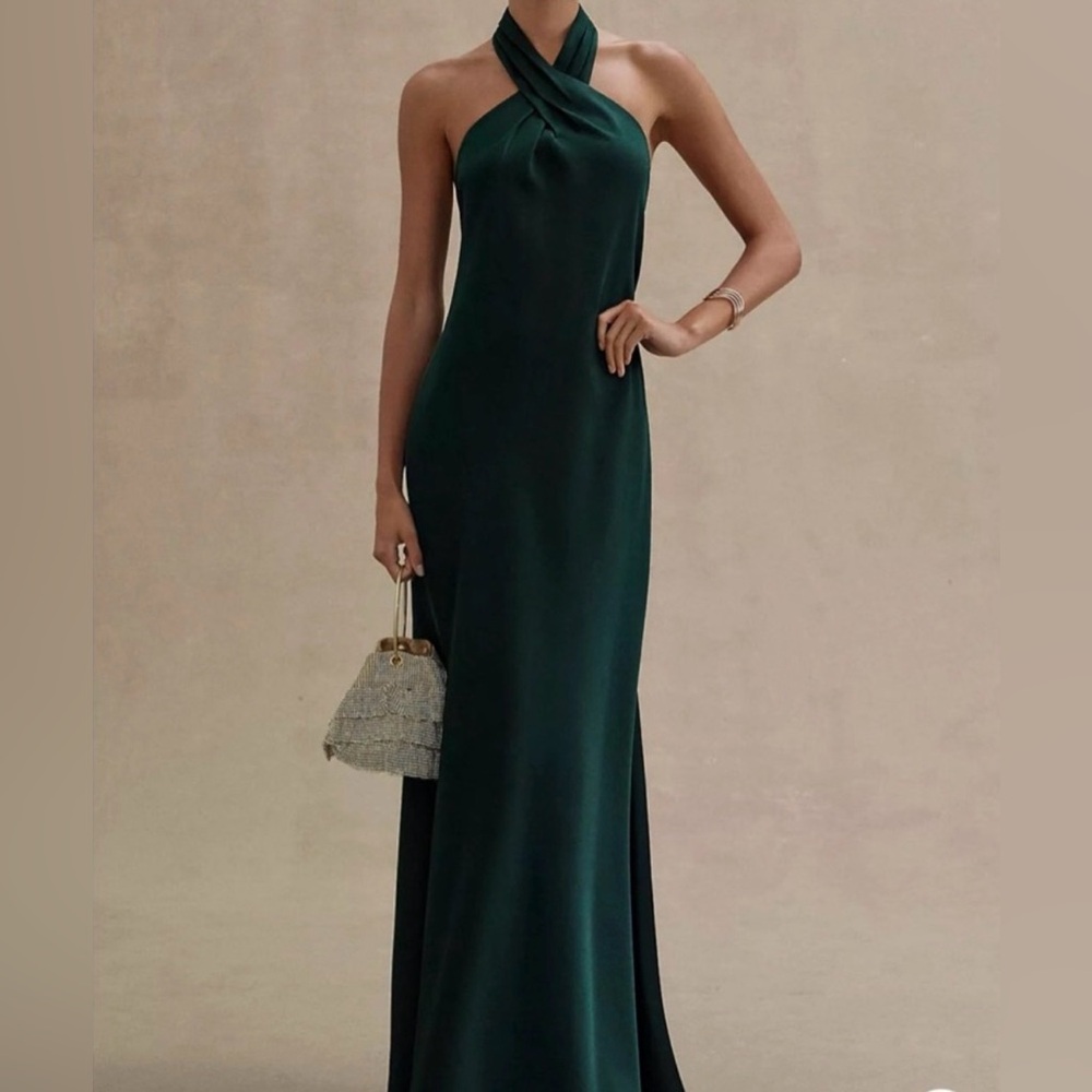 BHLDN Anthropologie Emerald Twist Halter‎ Satin Gown Dark Green Size 12 Gown